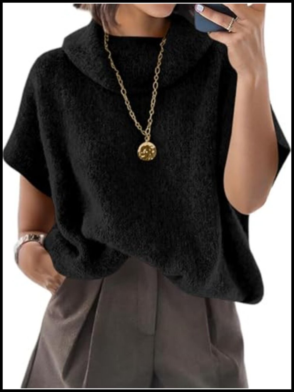 Oversized Turtleneck Sweater Women Short Batwing Sleeve Lightweight Loose Fit